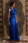 Shop_Charkhee_Blue Placement Embroidery Crystal Round Neck Saree Gown _Online_at_Aza_Fashions