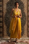 Charkhee_Yellow Overlay Organza Placement Embroidery Wave Bustier Sequin And Skirt Set _Online_at_Aza_Fashions