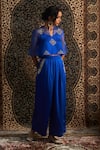 Charkhee_Blue Top Organza Embroidery Diamond Butti. Gota Notched Neck And Pant Set _Online_at_Aza_Fashions