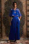 Charkhee_Blue Top Organza Embroidery Diamond Butti. Gota Notched Neck And Pant Set _at_Aza_Fashions