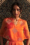 Shop_Charkhee_Orange Top Organza Embroidery Diamond Butti. Gota Notched Motif And Pant Set _Online_at_Aza_Fashions