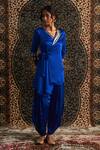 Charkhee_Blue Model Satin Embroidery Sequin One Placement Wrap Around Kurta With Pant _Online_at_Aza_Fashions