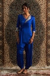 Buy_Charkhee_Blue Model Satin Embroidery Sequin One Placement Wrap Around Kurta With Pant _Online_at_Aza_Fashions