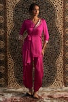 Buy_Charkhee_Pink Model Satin Embroidery Sequin One Side Placement Wrapped Kurta With Pant _at_Aza_Fashions