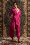 Charkhee_Pink Model Satin Embroidery Sequin One Side Placement Wrapped Kurta With Pant _Online_at_Aza_Fashions