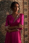 Charkhee_Pink Model Satin Embroidery Sequin One Side Placement Wrapped Kurta With Pant _at_Aza_Fashions