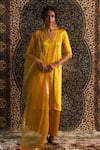 Buy_Charkhee_Yellow Kurta And Pant Modal Satin Embroidery Sequin V Neck Gota Panel Set _at_Aza_Fashions