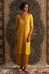 Charkhee_Yellow Kurta And Pant Modal Satin Embroidery Sequin V Neck Gota Panel Set _at_Aza_Fashions