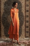 Charkhee_Orange Kurta And Pant Modal Satin Embroidery Sequin V Gota Panel Straight Set _Online_at_Aza_Fashions