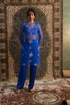 Charkhee_Blue Bustier And Pant Modal Satin Embroidery Diamond Butti Sheer Kurta Set _at_Aza_Fashions