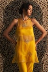 Charkhee_Yellow Kurta Organza Embroidery Dabka Round Neck Sheer Diamond Pant Set _Online_at_Aza_Fashions