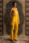 Charkhee_Yellow Kurta Organza Embroidery Dabka Round Neck Sheer Diamond Pant Set _at_Aza_Fashions