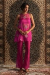 Buy_Charkhee_Pink Kurta Organza Embroidery Dabka Round Neck Sheer Diamond Pant Set _at_Aza_Fashions