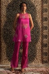 Charkhee_Pink Kurta Organza Embroidery Dabka Round Neck Sheer Diamond Pant Set _Online_at_Aza_Fashions