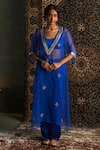 Buy_Charkhee_Blue Bustier And Pant Modal Satin Embroidery Dabka V Neck Hand Sheer Kurta Set _at_Aza_Fashions