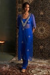 Buy_Charkhee_Blue Bustier And Pant Modal Satin Embroidery Dabka V Neck Hand Sheer Kurta Set _Online_at_Aza_Fashions