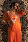 Shop_Charkhee_Orange Bustier And Pant Modal Satin Embroidery Dabka V Sheer Hand Kurta Set _Online_at_Aza_Fashions