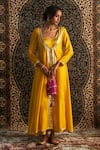 Buy_Charkhee_Yellow Choga Kurta Chanderi Embroidery Gota Patti Paan Neck Set _at_Aza_Fashions