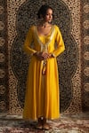 Shop_Charkhee_Yellow Choga Kurta Chanderi Embroidery Gota Patti Paan Neck Set _Online_at_Aza_Fashions