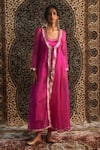 Buy_Charkhee_Pink Choga Kurta Chanderi Embroidery Gota Patti Paan Neck Sheer Set _at_Aza_Fashions