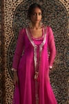 Charkhee_Pink Choga Kurta Chanderi Embroidery Gota Patti Paan Neck Sheer Set _at_Aza_Fashions