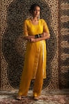 Charkhee_Yellow Kurta Organza Embroidery Gota Patti Round Neck Butti Bodice With Pant _Online_at_Aza_Fashions