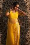 Charkhee_Yellow Kurta Organza Embroidery Gota Patti Round Neck Butti Bodice With Pant _at_Aza_Fashions