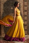 Shop_Charkhee_Yellow Lehenga Chanderi Embroidery Gota Patti V Neck Lace Set _Online_at_Aza_Fashions