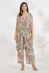 Paksh_Grey Chinon Printed Floral V Neck Knotted Top And Pant Set _Online_at_Aza_Fashions