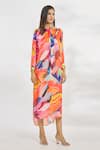 Buy_Paksh_Blue Silk Satin Printed Geometric Tie-up Neck And Embroidered Midi Dress  _Online_at_Aza_Fashions