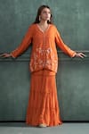 Hirika&Dhruti_Orange Kurta And Sharara Monga Silk Embroidered Thread V Neck Floral Short Set _at_Aza_Fashions