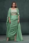 Buy_Hirika&Dhruti_Green Blouse And Skirt Monga Silk Embroidered Thread Tassel Jacket Draped Set _at_Aza_Fashions