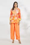 Paksh_Orange Silk Satin Printed Floral Collared Neck Top And Pant Set _Online_at_Aza_Fashions