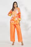 Buy_Paksh_Orange Silk Satin Printed Floral Collared Neck Top And Pant Set _Online_at_Aza_Fashions