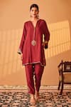 Buy_Bo tree_Maroon Abu Dai Silk Embroidery Zardozi Rukhsar Placement Kurta And Pant Set _at_Aza_Fashions