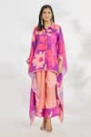 Paksh_Purple Silk Satin Printed Floral Collared Neck Kaftan And Pant Set _Online_at_Aza_Fashions