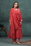 Hirika&Dhruti_Red Chanderi Hand Embroidered Gota Lace Round A-line Kurta Set _Online_at_Aza_Fashions