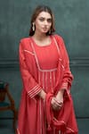 Shop_Hirika&Dhruti_Red Chanderi Hand Embroidered Gota Lace Round A-line Kurta Set _Online_at_Aza_Fashions