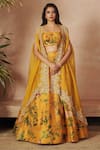 Buy_Anushree Reddy_Yellow Cape Organza Floral Embroidered Square Neck Maryul Print Lehenga Set _at_Aza_Fashions