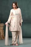 Hirika&Dhruti_Beige Kurta And Pant Chiniya Silk Hand Embroidered Floral Round Short Set _Online_at_Aza_Fashions