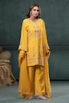 Buy_Hirika&Dhruti_Yellow Kurta And Pant Chiniya Silk Hand Embroidered Floral Round Short Set _at_Aza_Fashions