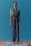 Buy_Pooja Rajgarhia Gupta_Blue Denim Chequered Sequins Collared Neck Hand Embroidered Bodice Jumpsuit _at_Aza_Fashions