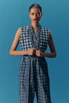 Buy_Pooja Rajgarhia Gupta_Blue Denim Chequered Sequins Collared Neck Hand Embroidered Bodice Jumpsuit _Online_at_Aza_Fashions