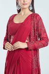 Buy_Ridhima Bhasin_Red Organza Embroidered Pearls Blouse Ewaaz Pre-draped Saree Set With Jacket 