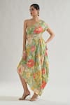 Buy_Gopi Vaid_Green Satin Print Floral Asymmetric Neck Eli Summer Dress With Belt _Online_at_Aza_Fashions