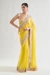 Buy_Gopi Vaid_Yellow Saree Chiffon Print Floral Halter Keya Embroidered Border With Blouse _at_Aza_Fashions