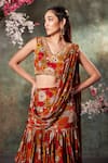 Buy_Mehak Murpana_Orange Crepe Print Bloom V Neck Pre-draped Ruffle Saree With Blouse _Online_at_Aza_Fashions