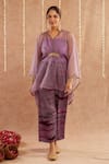 Buy_Label Muslin_Purple Satin Silk Embellished Coin V Neck Detailed Sleeve Kaftan Set With Potli _Online_at_Aza_Fashions