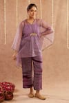 Shop_Label Muslin_Purple Satin Silk Embellished Coin V Neck Detailed Sleeve Kaftan Set With Potli _Online_at_Aza_Fashions