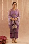 Label Muslin_Purple Satin Silk Embellished Coin V Neck Detailed Sleeve Kaftan Set With Potli _at_Aza_Fashions